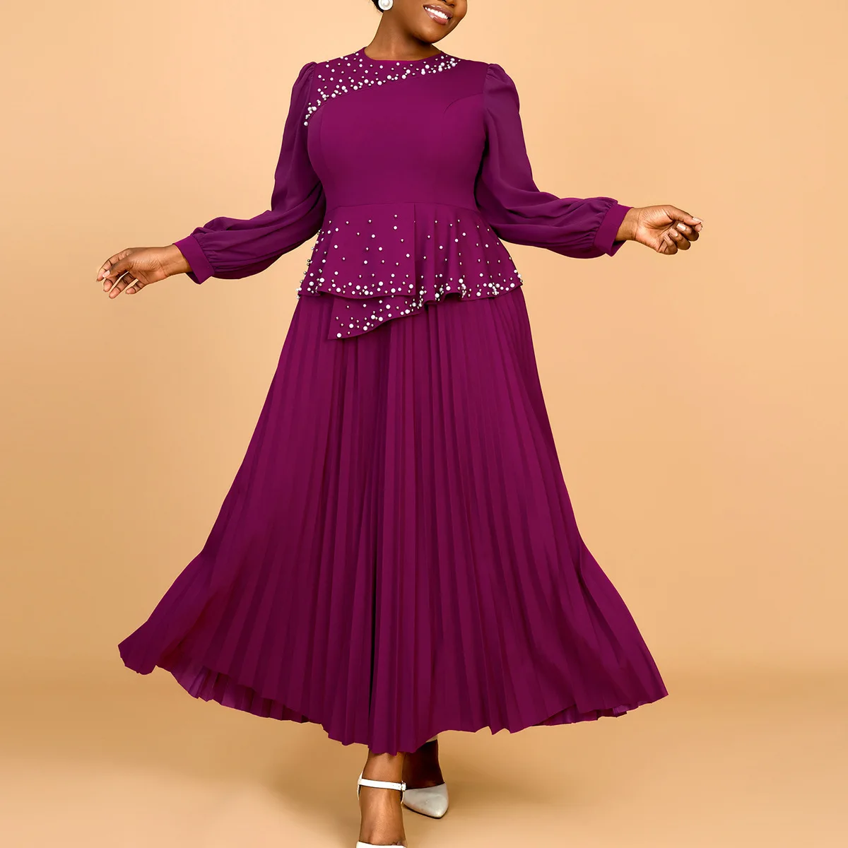 ruffle edge dress elegant AM041203 style round neck nail bead pleated skirt Party dress
ruffle edge dress elegant AM041203 style round neck nail bead pleated skirt Party dress