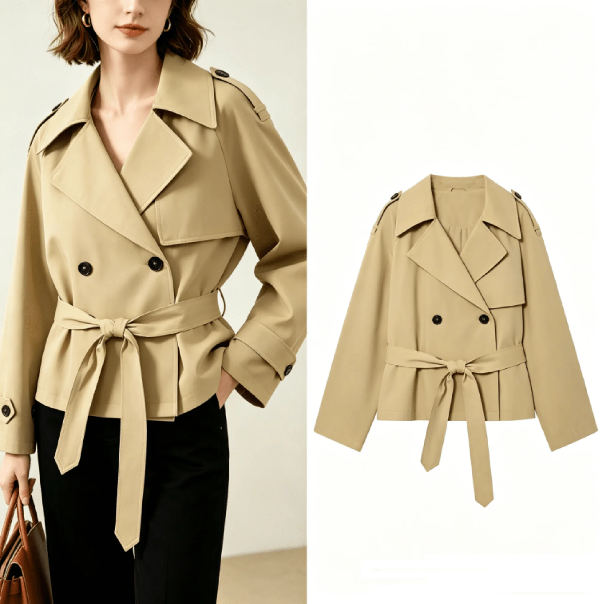 Casual Chic Short Trench Coat Women's 2026 Spring Double Breasted Sashes Jacket Office Holiday Summer Fashion Trench Outerwear
Casual Chic Short Trench Coat Women's 2026 Spring Double Breasted Sashes Jacket Office Holiday Summer Fashion Trench Outerwear