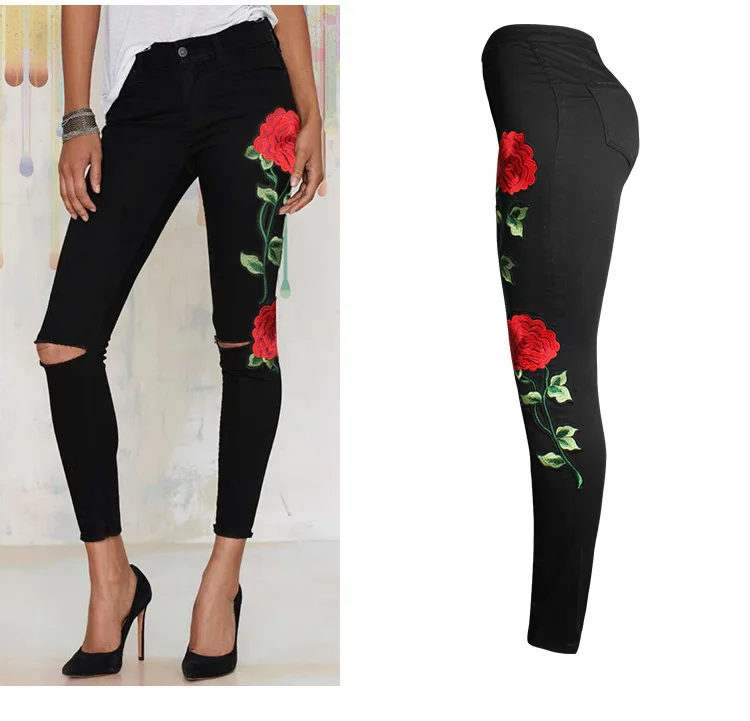 European Women Slim High Waisted Embroidery Ripped Hole Black Skinny Denim Pants , Woman Spring Pencil Jeans Trousers
European Women Slim High Waisted Embroidery Ripped Hole Black Skinny Denim Pants , Woman Spring Pencil Jeans Trousers