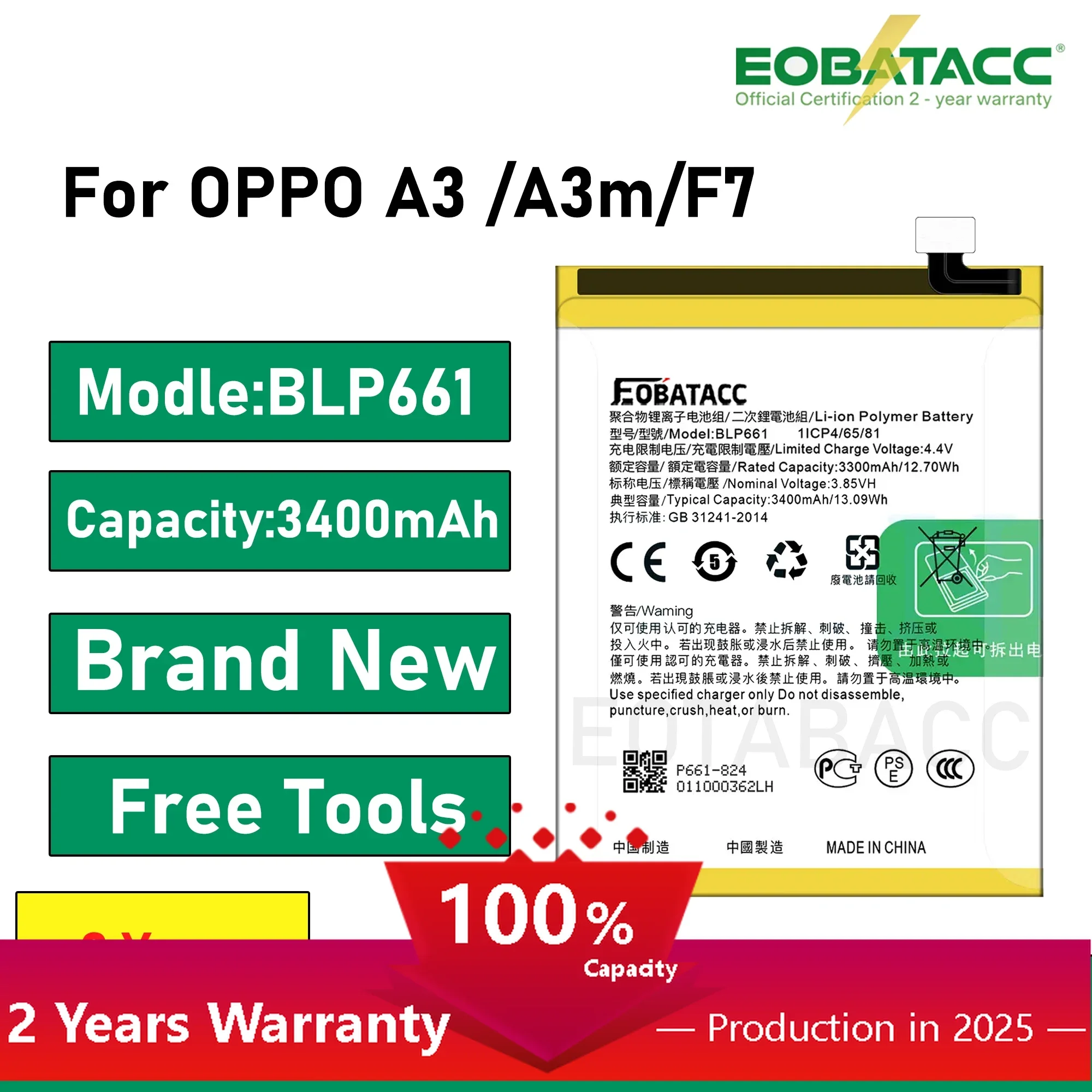 2025 Years EOBATACC 100% New 100% Battery BLP661 For OPPO A3 A3m F7 CPH1821 Battery + Free Tools
2025 Years EOBATACC 100% New 100% Battery BLP661 For OPPO A3 A3m F7 CPH1821 Battery + Free Tools