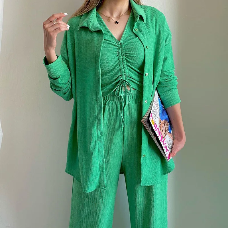 Women's Three Piece Set 2025 Spring New Long Sleeve Shirt Drawstring Short Sleeve Wide Leg Pants Casual Set
Women's Three Piece Set 2025 Spring New Long Sleeve Shirt Drawstring Short Sleeve Wide Leg Pants Casual Set