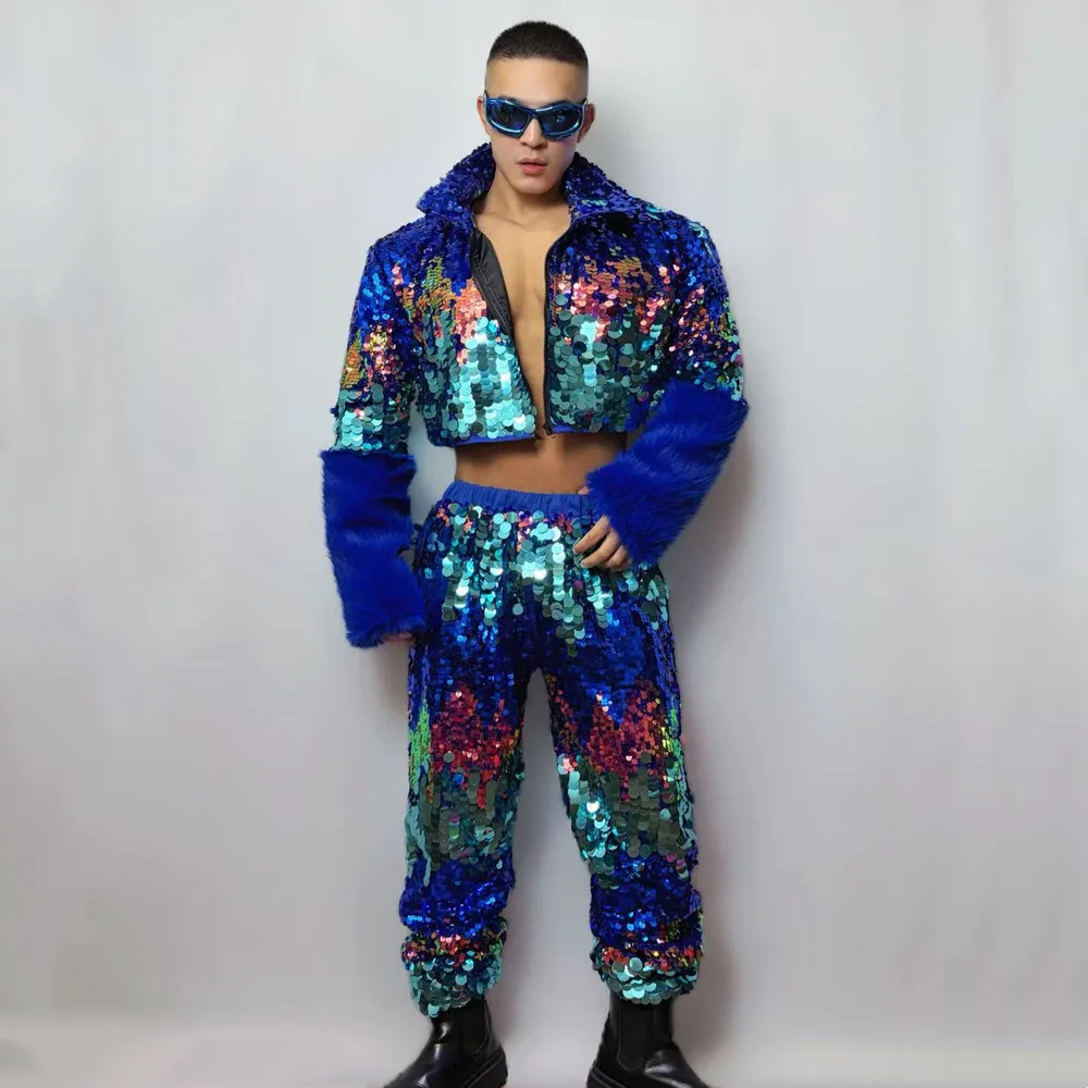 Male Hip Hop Jazz Dance Team Set Blue Sequins Jacket Pants Rave Outfit Nightclub Singer Performance Costume Carnival 2 Piece
Male Hip Hop Jazz Dance Team Set Blue Sequins Jacket Pants Rave Outfit Nightclub Singer Performance Costume Carnival 2 Piece