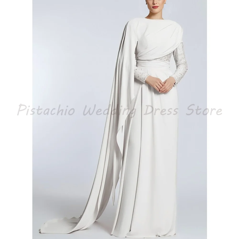 Round Neck Sheer Beaded Long Sleeve Draped Cape Twist Waist Matte Satin Modest Muslim Formal Evening Bridal Gown With Train
Round Neck Sheer Beaded Long Sleeve Draped Cape Twist Waist Matte Satin Modest Muslim Formal Evening Bridal Gown With Train