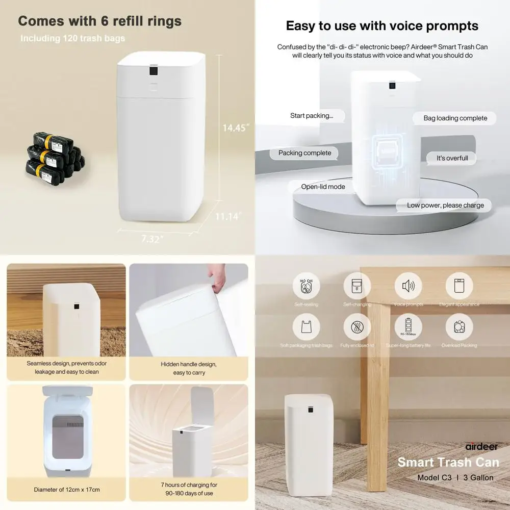 3 Gallon Touchless Trash Can with Self-Changing Lid, Motion Sensor, 6 Refill Rings, White
3 Gallon Touchless Trash Can with Self-Changing Lid, Motion Sensor, 6 Refill Rings, White