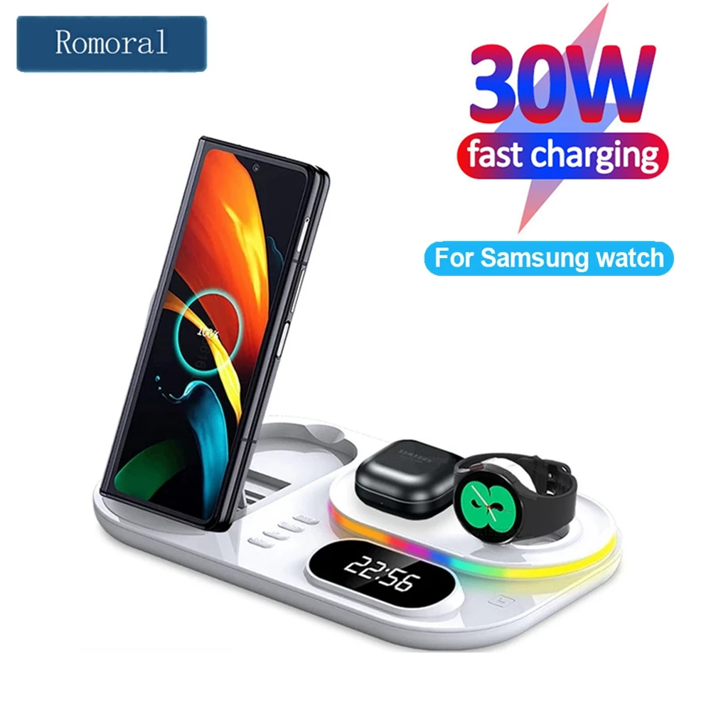 White 3 in 1 Wireless Charger Stand 30W Time Display RGB Charging Station Dock For Samsung S22 Note 20 Galaxy Watch 4 3 Earbuds
White 3 in 1 Wireless Charger Stand 30W Time Display RGB Charging Station Dock For Samsung S22 Note 20 Galaxy Watch 4 3 Earbuds