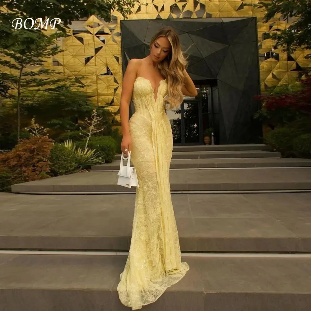 BOMP Customized Yellow Flowers Embroidery Party Dress V Neck Mermaid Prom Dress Strapless Backless Floor-Length Evening Dresses
BOMP Customized Yellow Flowers Embroidery Party Dress V Neck Mermaid Prom Dress Strapless Backless Floor-Length Evening Dresses
