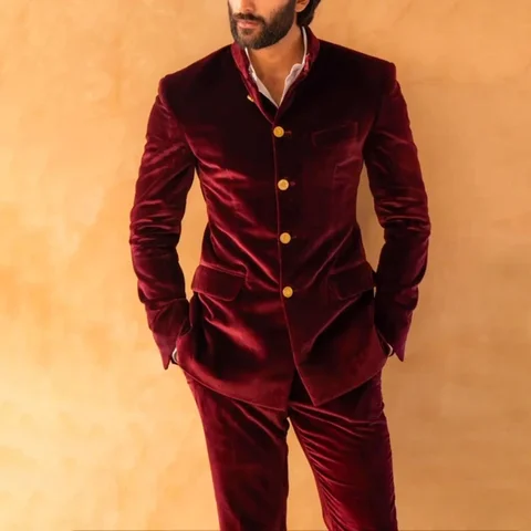 Terno Masculino de Veludo Vermelho Vinho com Gola Alta e Abotoamento Simples, 2 Peças, para Uso Diário, Casamento, Festa Formal, Banquete, Personalizado
