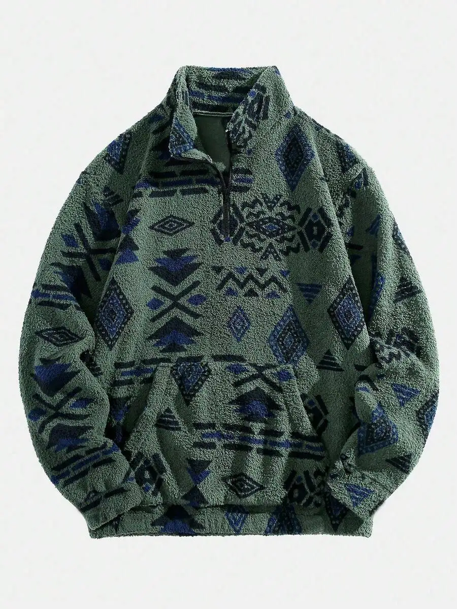 Мужской флисовый пуловер с геометрическим узором и молнией до четверти - оливково-зеленый
Мужской флисовый пуловер с геометрическим узором и молнией до четверти - оливково-зеленый