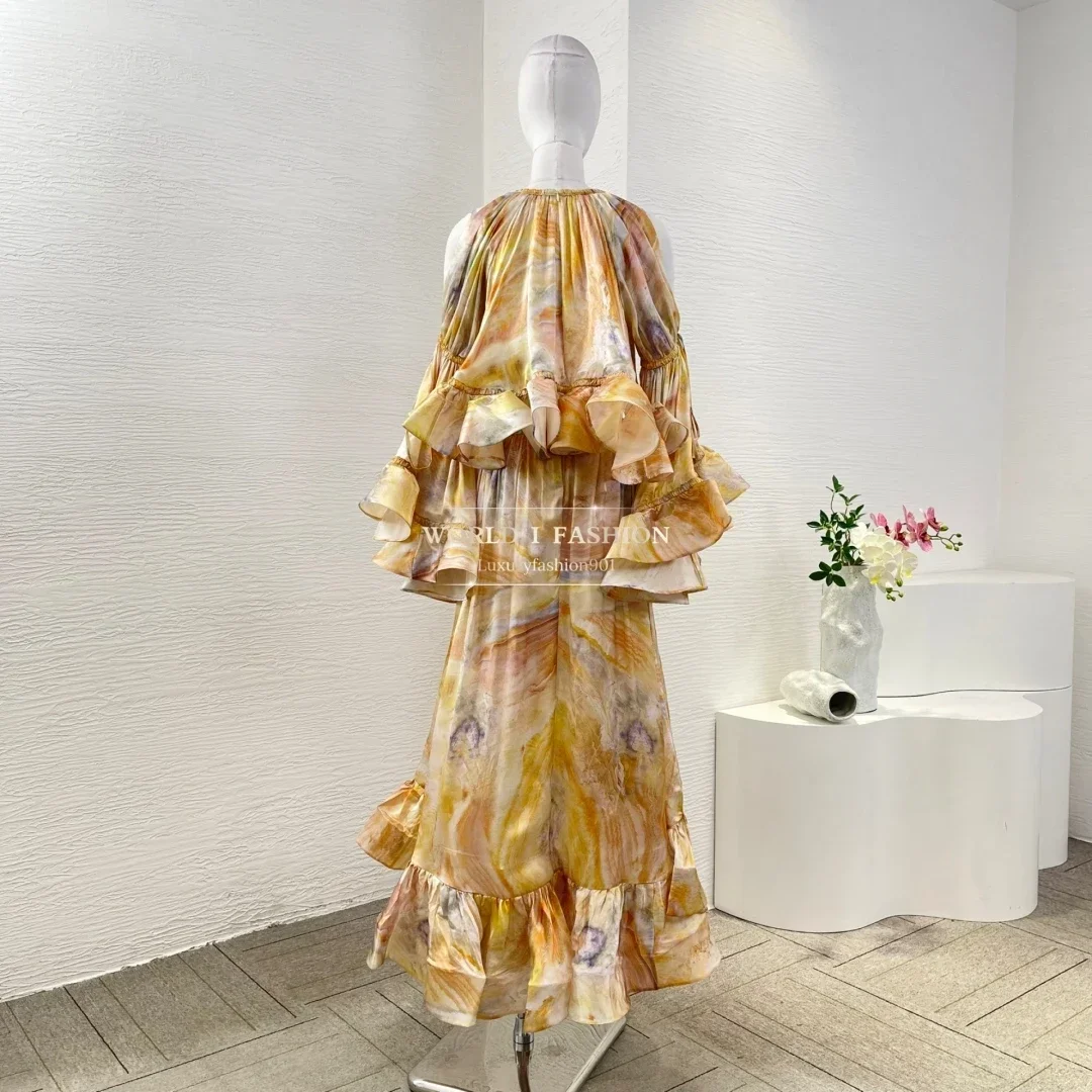 2025 New High Quality Silk Yellow Long Sleeve Floral Print Irregular Ruffles Frilled Blouse Tops And Skirt Set for Holiday
2025 New High Quality Silk Yellow Long Sleeve Floral Print Irregular Ruffles Frilled Blouse Tops And Skirt Set for Holiday