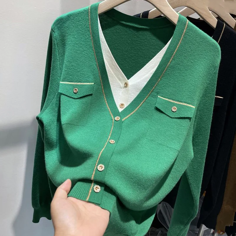 Fake Two Pieces Autumn Winter Knitting Patchwork V-neck Top Tee Ladies Loose Oversized New Bottoming Shirt Long Sleeve Sweater
Fake Two Pieces Autumn Winter Knitting Patchwork V-neck Top Tee Ladies Loose Oversized New Bottoming Shirt Long Sleeve Sweater