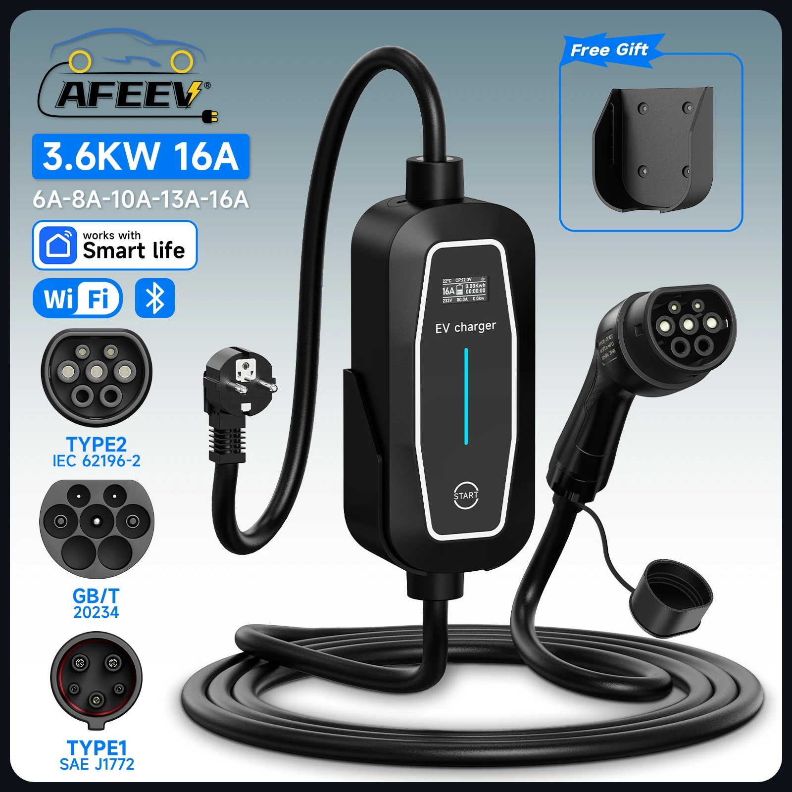 AFEEV 3.6KW 16A 1Phase Portable EV Charger Type2 IEC62196 GB/T Type1 J1772 Wallbox Charging Car Charger for Electric Vehicle
AFEEV 3.6KW 16A 1Phase Portable EV Charger Type2 IEC62196 GB/T Type1 J1772 Wallbox Charging Car Charger for Electric Vehicle