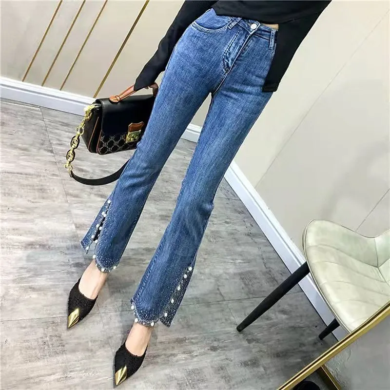 Beaded Hot Drilling Split Flare Jeans Women New Spring High Waist Stretch Slim Denim Pants s226
Beaded Hot Drilling Split Flare Jeans Women New Spring High Waist Stretch Slim Denim Pants s226