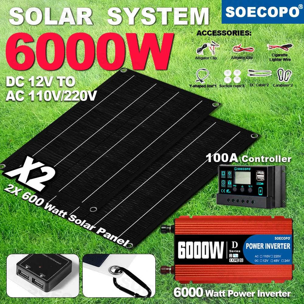 SOECOPO 6000W USB 5V/1.5A Camping Complete Autonomous Solar Kit Inverter(DC 12V - AC 110V/220V Dual Sockets) 2*600W Solar Panels
SOECOPO 6000W USB 5V/1.5A Camping Complete Autonomous Solar Kit Inverter(DC 12V - AC 110V/220V Dual Sockets) 2*600W Solar Panels