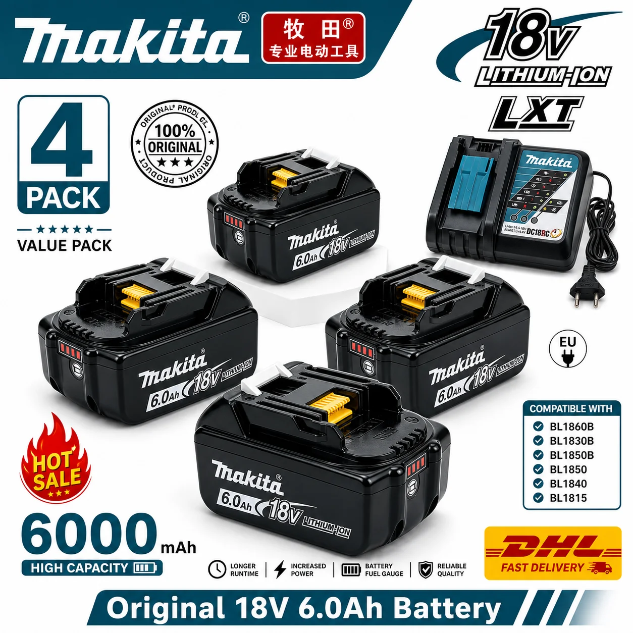 Original 18V 6.0Ah Li-ion Battery Suitable for Multiple Makita Battery Models
Original 18V 6.0Ah Li-ion Battery Suitable for Multiple Makita Battery Models