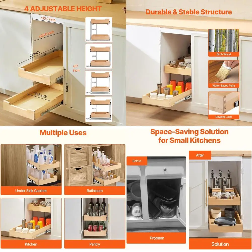 2-Tier Pull-Out Cabinet Organizer, 14 Wide x 21 Deep, Heavy-Duty Wood Sliding Shelf, Adjustable for Kitchen or Bathroom Storage
2-Tier Pull-Out Cabinet Organizer, 14 Wide x 21 Deep, Heavy-Duty Wood Sliding Shelf, Adjustable for Kitchen or Bathroom Storage