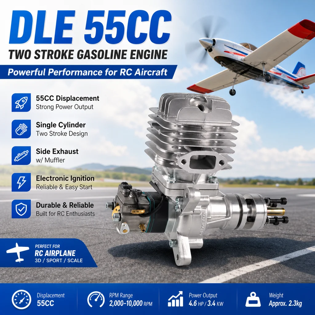 DLE 55CC Single Cylinder Two Stroke Side Exhaust Gas Engine w/ Muffler&Ignition
DLE 55CC Single Cylinder Two Stroke Side Exhaust Gas Engine w/ Muffler&Ignition