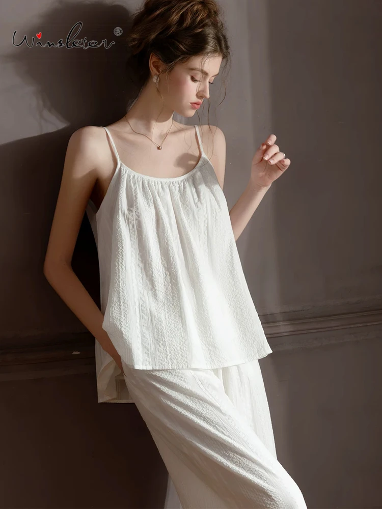 Winsleter-Sexy Women 2 Piece Pajamas Set, Jacquard Bubble Cotton, Sweet Suspender Strap Long Pants Homewear, Summer New S65819CC
Winsleter-Sexy Women 2 Piece Pajamas Set, Jacquard Bubble Cotton, Sweet Suspender Strap Long Pants Homewear, Summer New S65819CC