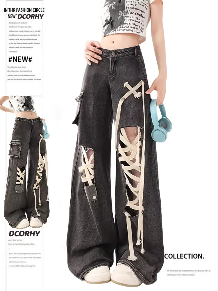 American Style Black Gray Strap Ripped Jeans High Waist Fashionable Versatile Women's Wide Leg Work Pants Spring Autumn New
American Style Black Gray Strap Ripped Jeans High Waist Fashionable Versatile Women's Wide Leg Work Pants Spring Autumn New