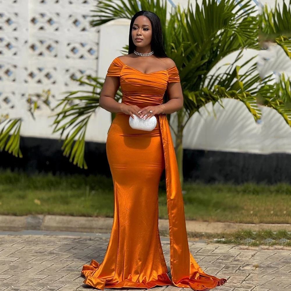 Simple Orange Mermaid Bridesmaid Dresses Off Shoulder Sweep Train Pleats Wedding Guest Party Maid of Honor Gowns Customized
Simple Orange Mermaid Bridesmaid Dresses Off Shoulder Sweep Train Pleats Wedding Guest Party Maid of Honor Gowns Customized