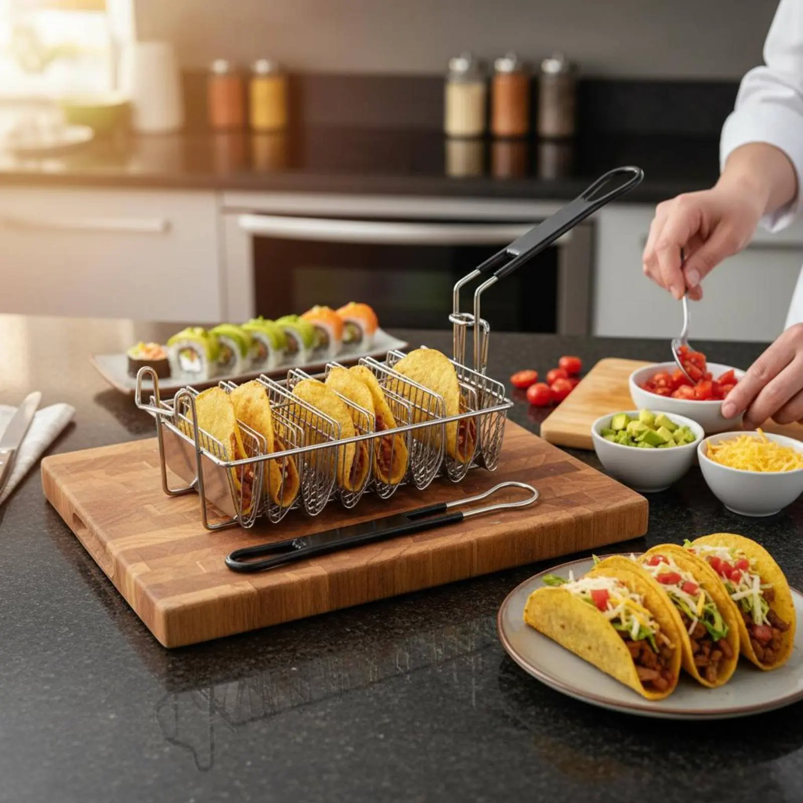 Taco Shell Fryer Basket Separate Compartments Taco Shell Molding Basket Tortilla Frying Rack Long-Lasting and Sturdy
Taco Shell Fryer Basket Separate Compartments Taco Shell Molding Basket Tortilla Frying Rack Long-Lasting and Sturdy