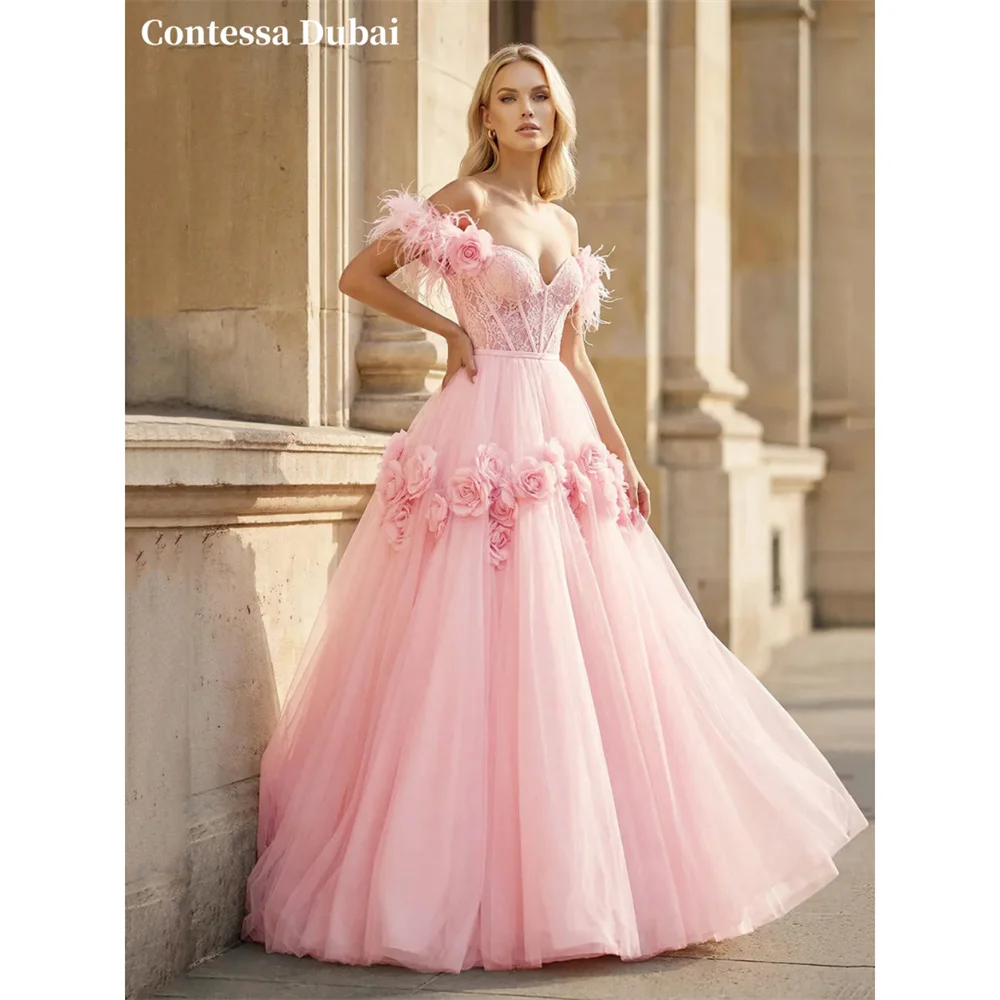 Contessa Custom Baby Pink Lace Evening Dress Feather Corset Prom Dresses Soft Tulle Vestidos De Noche 3D Floral Formal Evening
Contessa Custom Baby Pink Lace Evening Dress Feather Corset Prom Dresses Soft Tulle Vestidos De Noche 3D Floral Formal Evening