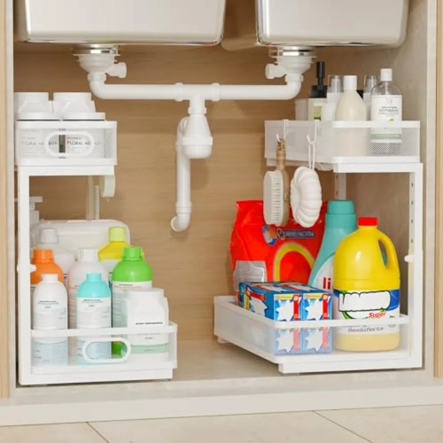Under Sink Organizer 2 Pack, 2-Tier Slide Out Cabinet Organizer with Metal Sliding Drawer and Hooks, Pull Out Storage Baskets f
Under Sink Organizer 2 Pack, 2-Tier Slide Out Cabinet Organizer with Metal Sliding Drawer and Hooks, Pull Out Storage Baskets f