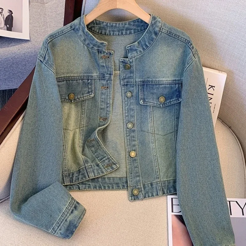Korean Style Cropped Denim Jacket Women Stand Collar Vintage Washed Short Jean Coat
Korean Style Cropped Denim Jacket Women Stand Collar Vintage Washed Short Jean Coat