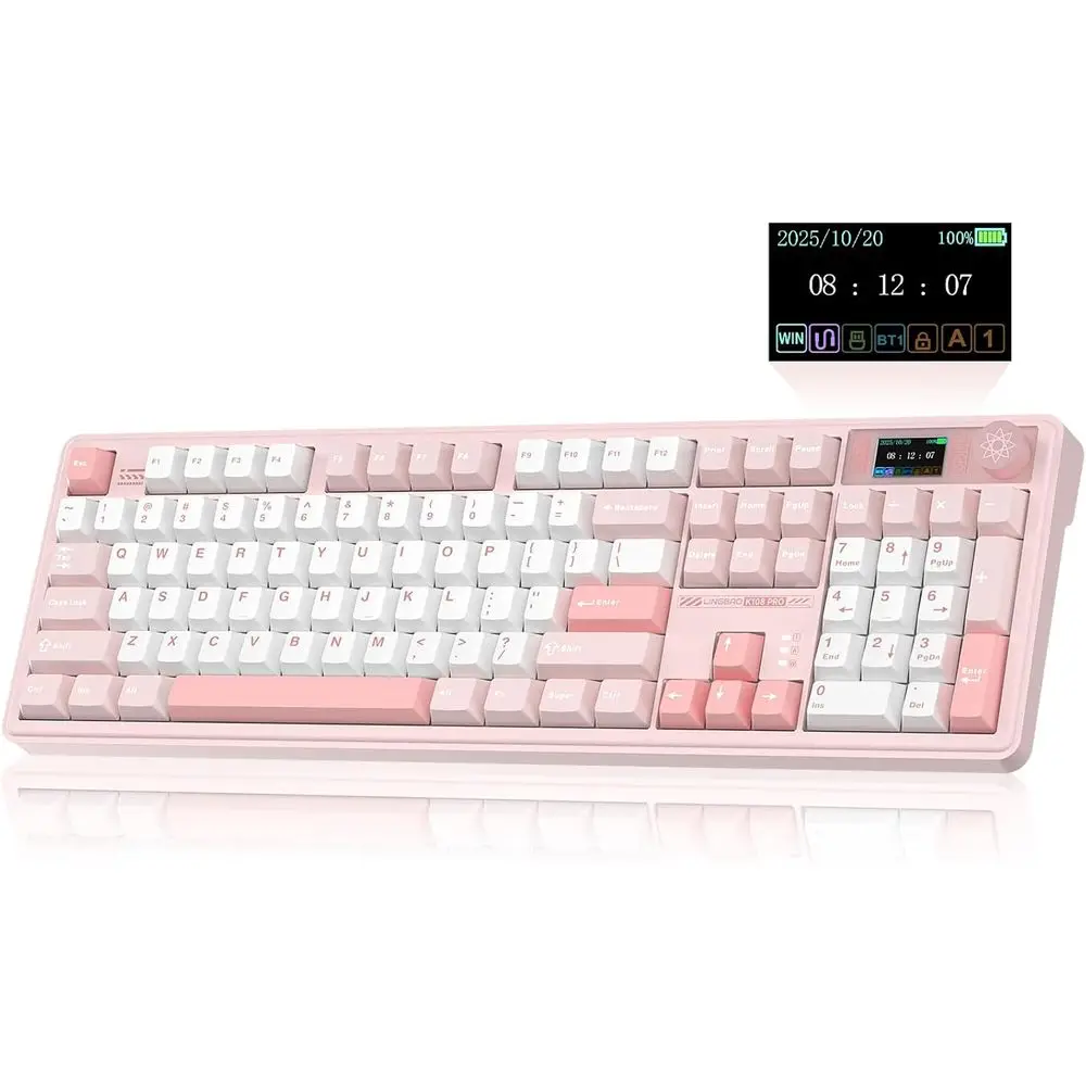 Full-Size Creamy Mechanical Keyboard with Wireless Connectivity, Number Pad, 10000mAh Battery, PBT Keys, RGB Backlit, Hot-swappa
Full-Size Creamy Mechanical Keyboard with Wireless Connectivity, Number Pad, 10000mAh Battery, PBT Keys, RGB Backlit, Hot-swappa