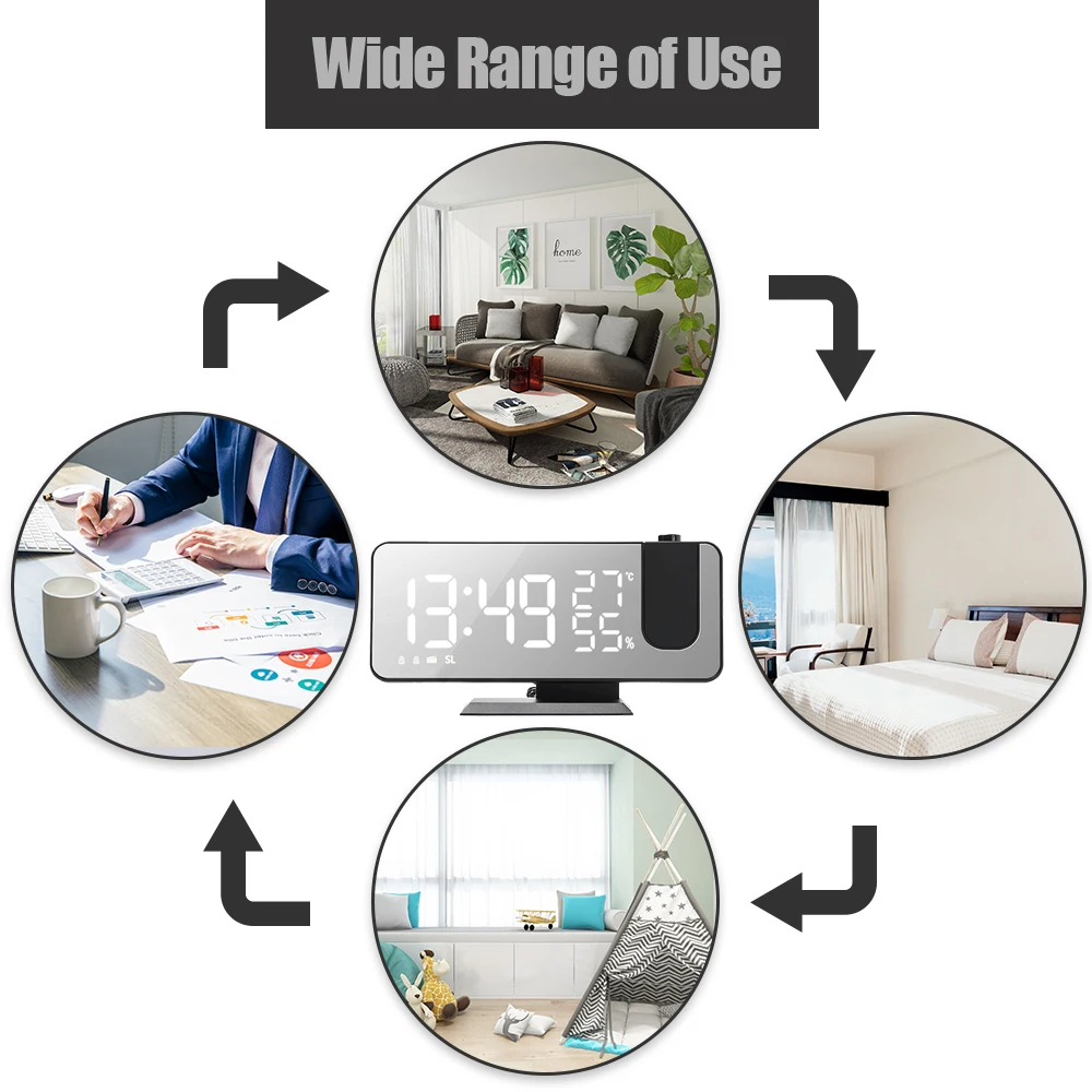 Цифровой проекционный будильник с зеркальной поверхностью 4-в-1 180-градусный проектор Часы Монитор внутренней температуры и влажности FM
Цифровой проекционный будильник с зеркальной поверхностью 4-в-1 180-градусный проектор Часы Монитор внутренней температуры и влажности FM