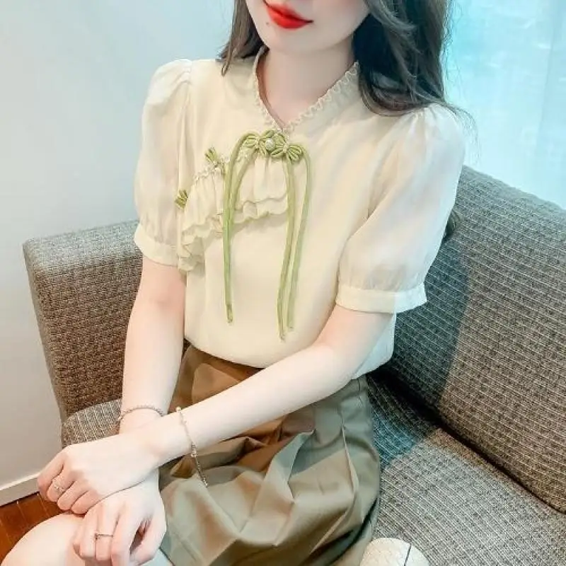 Personalized Beaded Disk Button Chiffon Blouse Sweet Summer Outfit Age-Reducing and Elegant Top
Personalized Beaded Disk Button Chiffon Blouse Sweet Summer Outfit Age-Reducing and Elegant Top