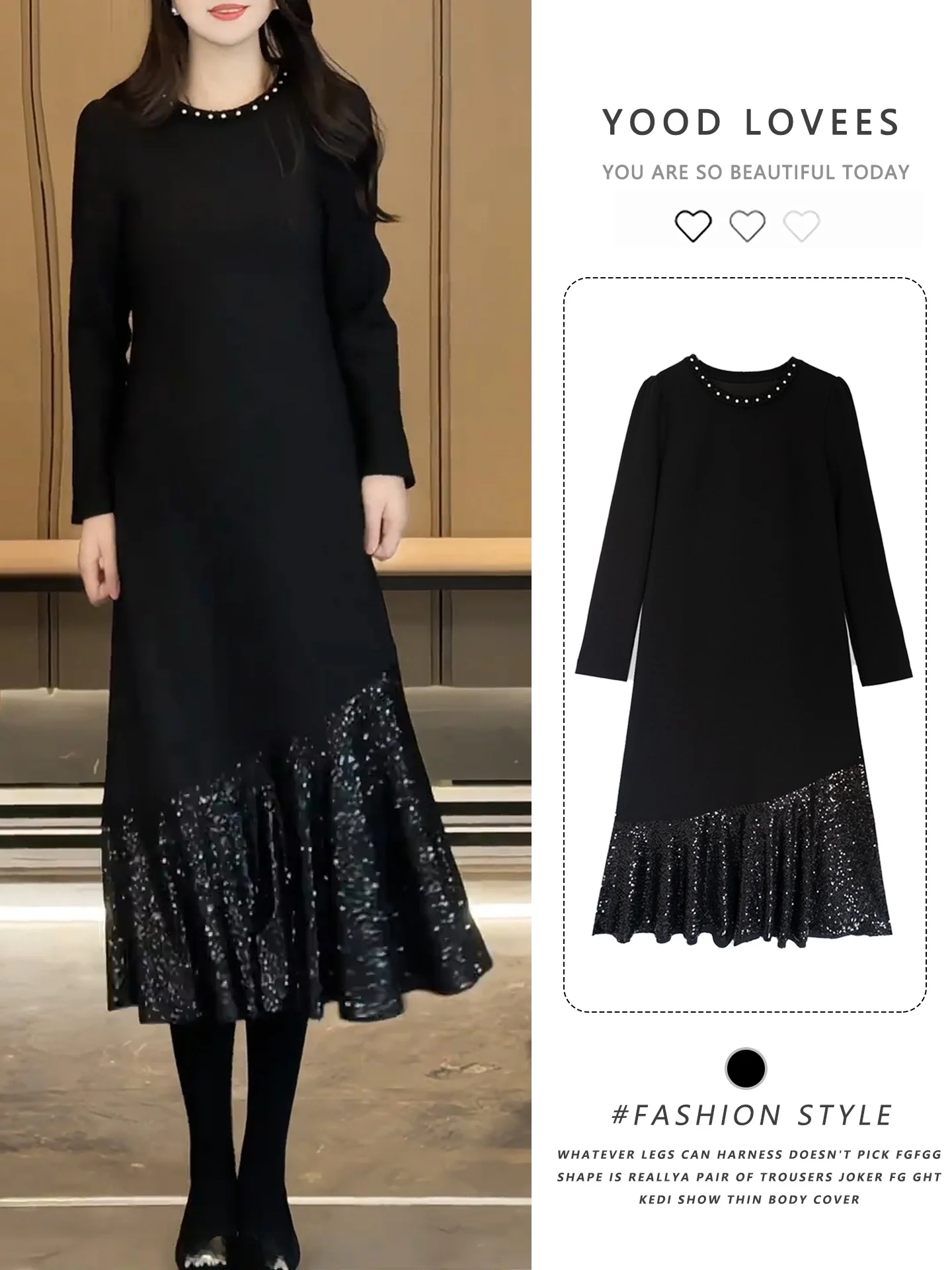 Elegant Sequin Splice Black Dress Women's Winter New Style Age-Defying Slimming Base Layer Skirt for Coat Matching
Elegant Sequin Splice Black Dress Women's Winter New Style Age-Defying Slimming Base Layer Skirt for Coat Matching
