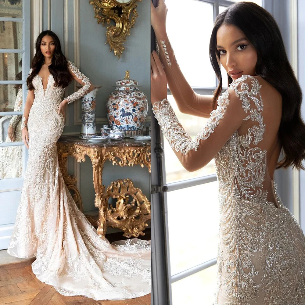 Luxury Mermaid Wedding Dresses For Women Appliques Sequins Bridal Gown Long Sleeves O-Neck Skirt Sweep Train Backless Dress
Luxury Mermaid Wedding Dresses For Women Appliques Sequins Bridal Gown Long Sleeves O-Neck Skirt Sweep Train Backless Dress