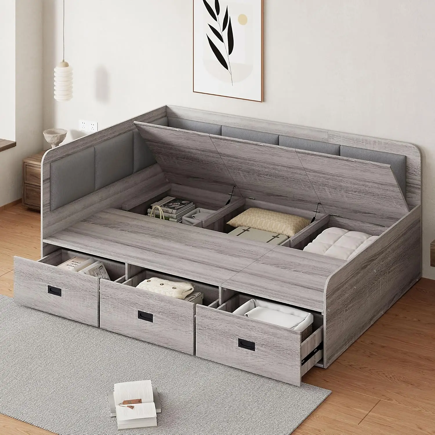 Full Size Daybed With 3 Drawers And Underneath Hydraulic Storage Compartments, Wood Daybed Sofa Bed Frame With L-Shape
Full Size Daybed With 3 Drawers And Underneath Hydraulic Storage Compartments, Wood Daybed Sofa Bed Frame With L-Shape