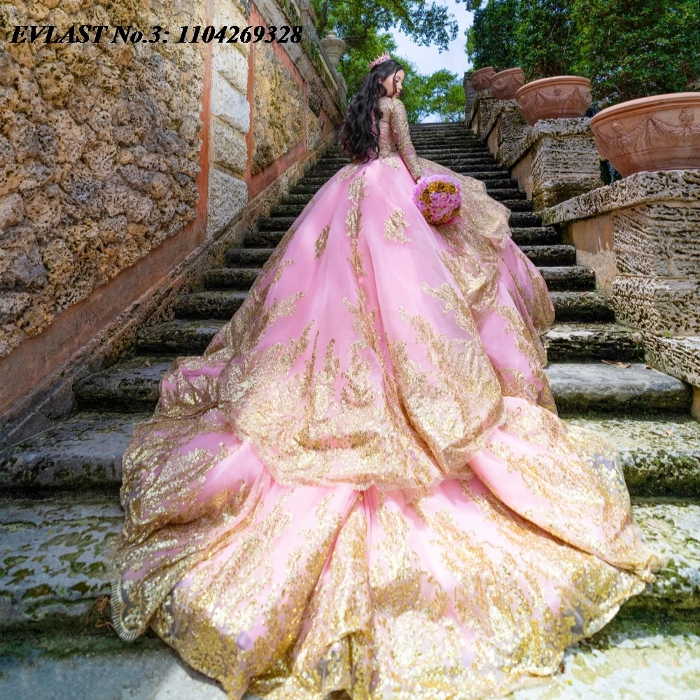 EVLAST Розовое платье Quinceanera по индивидуальному заказу, бальное платье с золотой кружевной аппликацией и длинными рукавами, расшитое бисером, Sweet 16, Vestidos De 15 Anos E3Q676
EVLAST Розовое платье Quinceanera по индивидуальному заказу, бальное платье с золотой кружевной аппликацией и длинными рукавами, расшитое бисером, Sweet 16, Vestidos De 15 Anos E3Q676