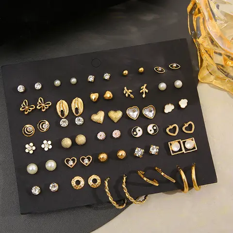 40 adet/takım altın rengi küpe seti Vintage kelebek kalp inci kristal saplama küpeler kadınlar için kore 2024 Brincos takı hediye