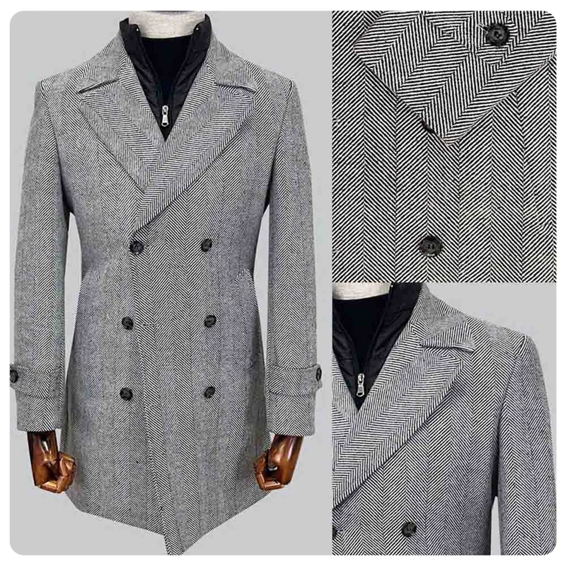 Элегантный мужской пиджак средней длины в стиле ретро, мужские костюмы с узором «елочка», серый мужской пиджак с зубчатыми лацканами, двубортное тонкое зимнее пальто
Элегантный мужской пиджак средней длины в стиле ретро, мужские костюмы с узором «елочка», серый мужской пиджак с зубчатыми лацканами, двубортное тонкое зимнее пальто