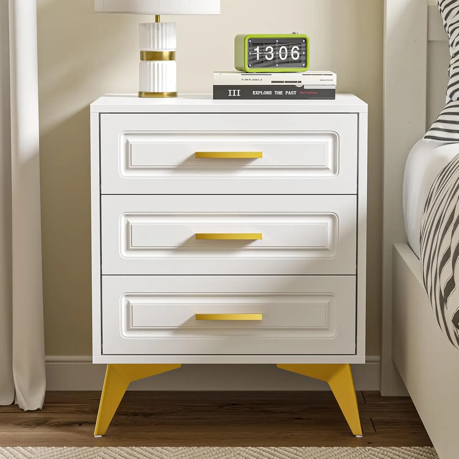 White Nightstand with 3 Drawers, Modern Night Stand with Gold Solid Metal Legs & Handles, Wood Bedside Table, Sofa End Side T
White Nightstand with 3 Drawers, Modern Night Stand with Gold Solid Metal Legs & Handles, Wood Bedside Table, Sofa End Side T