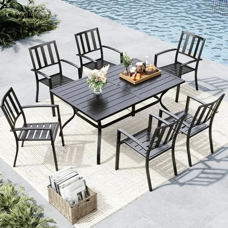 Metal Patio Dining Set for 6, Outdoor Furniture Including 6 Stacking Chairs and 1 Rectangle Table with Umbrella Hole
Metal Patio Dining Set for 6, Outdoor Furniture Including 6 Stacking Chairs and 1 Rectangle Table with Umbrella Hole