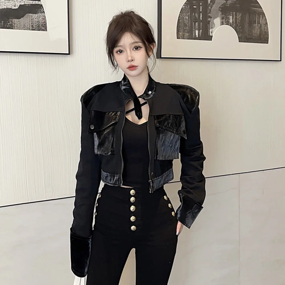 Personality Street Cool Cropped Jackets For Women Black Patchwork Short Outerwear Female Casual Versatile Zipper Locomotive Tops
Personality Street Cool Cropped Jackets For Women Black Patchwork Short Outerwear Female Casual Versatile Zipper Locomotive Tops