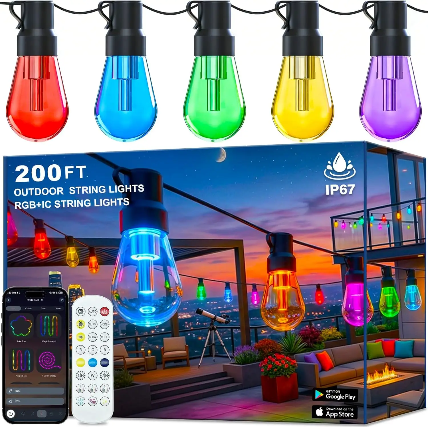 200FT Outdoor String Lights RGB+IC Smart Patio Dimmable Shatterproof IP67
200FT Outdoor String Lights RGB+IC Smart Patio Dimmable Shatterproof IP67
