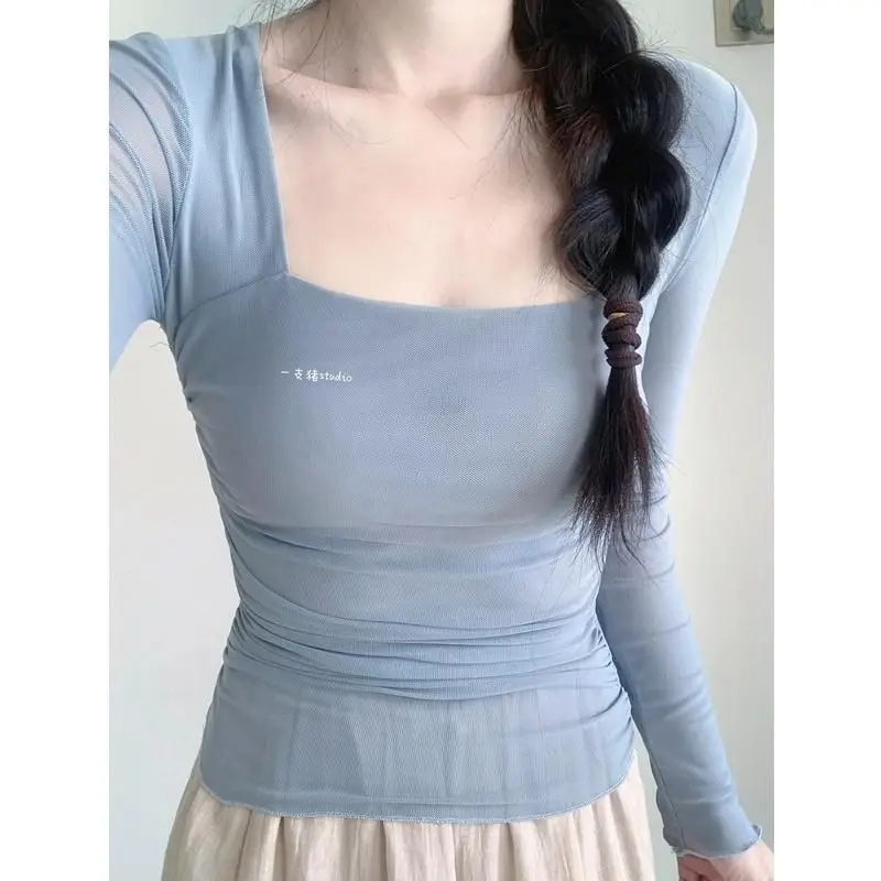 Elegant Thin Pleated Net Yarn T Shirts Spring Autumn New Women Clothing Long Sleeve Slim Solid Temperament Tops Fashion Korean
Elegant Thin Pleated Net Yarn T Shirts Spring Autumn New Women Clothing Long Sleeve Slim Solid Temperament Tops Fashion Korean