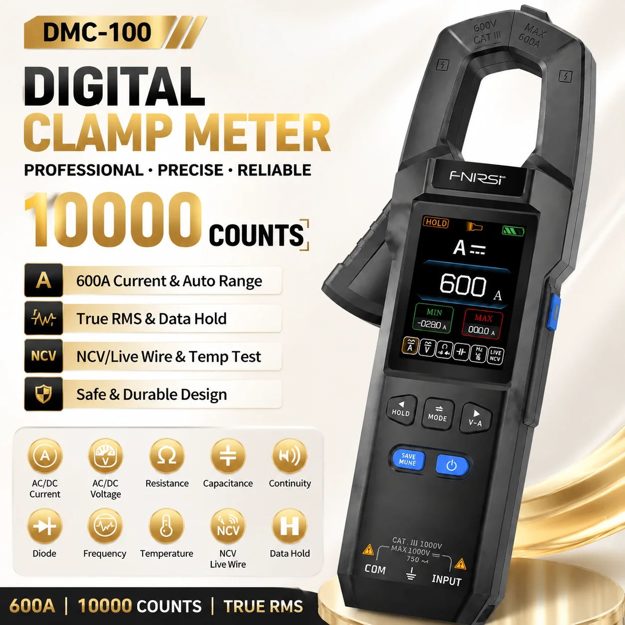 FNIRSI DMC-100 Digital Clamp Meter 600A AC DC Current Tester 10000 Counts True RMS Multimeter NCV Live Wire Temperature Tool
FNIRSI DMC-100 Digital Clamp Meter 600A AC DC Current Tester 10000 Counts True RMS Multimeter NCV Live Wire Temperature Tool