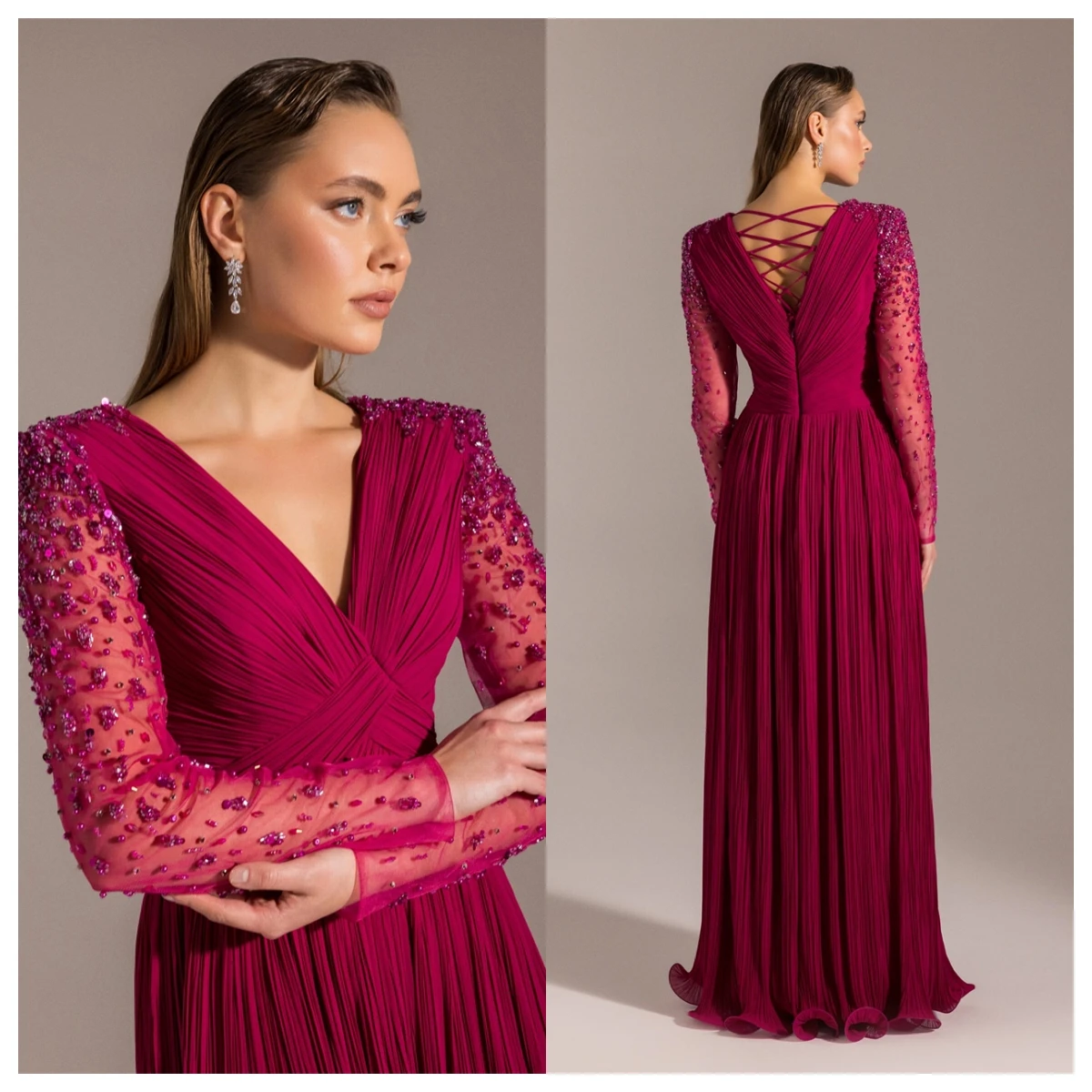 Customized Exquisite Fuchsia Chiffon Evening Dress V-Neck Long Sleeves Celebrity Gowns Bespoke Occasion Gowns Crystal Formal
Customized Exquisite Fuchsia Chiffon Evening Dress V-Neck Long Sleeves Celebrity Gowns Bespoke Occasion Gowns Crystal Formal