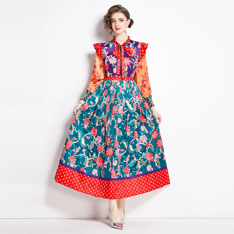 Bohemian Contrast Patchwork Flower Maxi Dresses Women's Bow Collar Ruffles Long Sleeve Holiday Floral Print Pleated Robe Vestido
Bohemian Contrast Patchwork Flower Maxi Dresses Women's Bow Collar Ruffles Long Sleeve Holiday Floral Print Pleated Robe Vestido