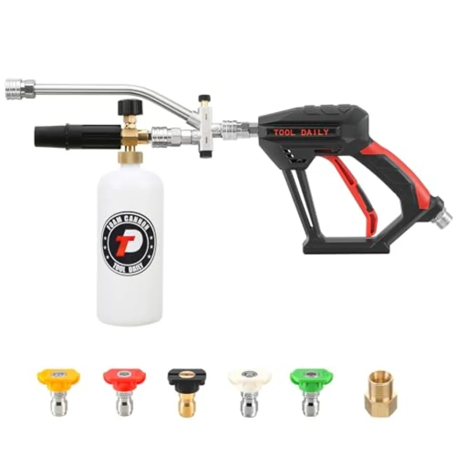 Short Pressure Washer Gun with Foam Cannon Dual Connector Accessory 1/4 Inch Quick Connect 5 Spray Nozzle Tips 1 Liter
Short Pressure Washer Gun with Foam Cannon Dual Connector Accessory 1/4 Inch Quick Connect 5 Spray Nozzle Tips 1 Liter