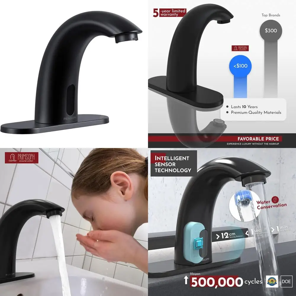 Touchless Infrared Smart Faucet for Commercial Bathrooms, Matte Black, Temperature Control, Battery or Plug-in Powered
Touchless Infrared Smart Faucet for Commercial Bathrooms, Matte Black, Temperature Control, Battery or Plug-in Powered