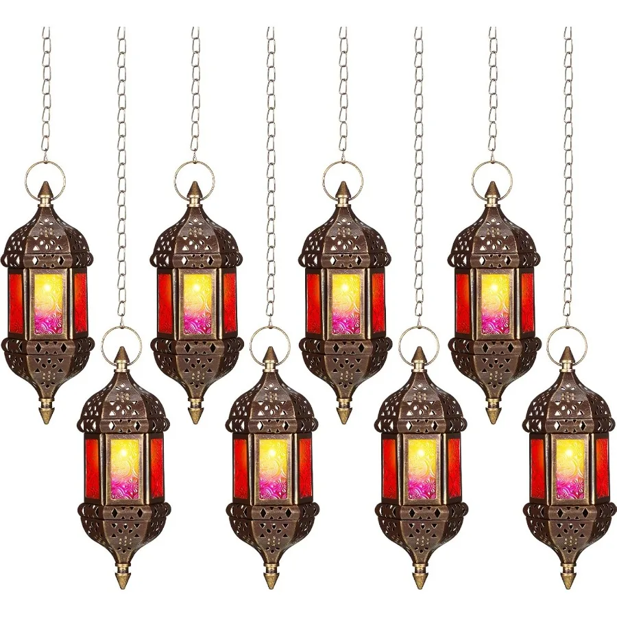 8 Pcs Hanging Hexagon Moroccan Lantern Decorative Candle Holders for Indoor Outdoor Use Ideal for Patio Weddings Christmas and