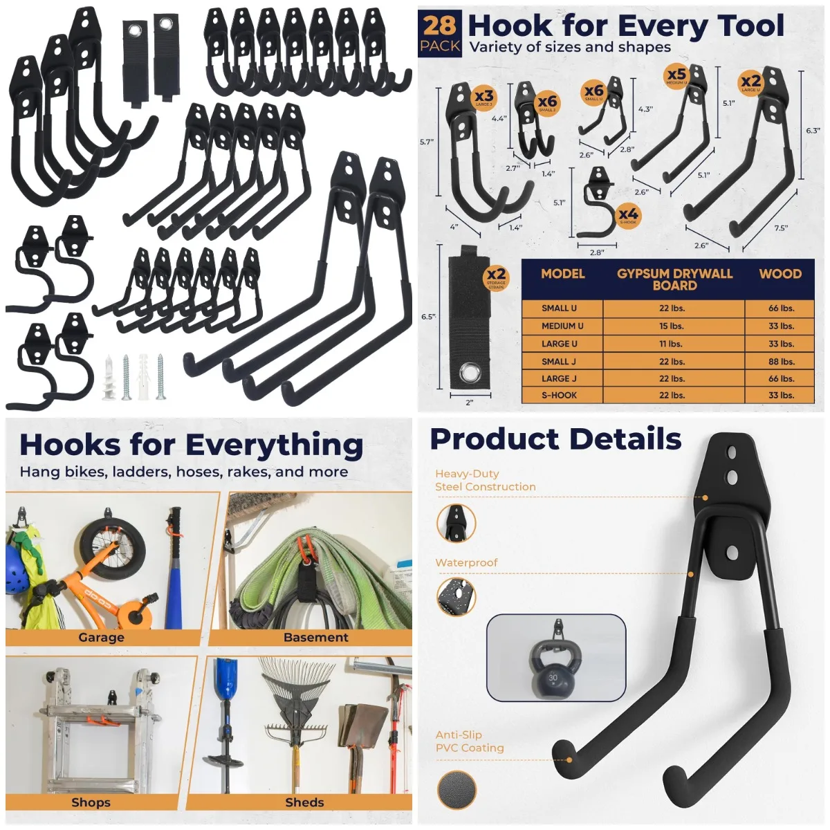 28-Pack Heavy Duty Steel Garage Hooks with Anti-Slip Coating, Black Wall Mount Organizer for Bikes, Ladders, Tools
28-Pack Heavy Duty Steel Garage Hooks with Anti-Slip Coating, Black Wall Mount Organizer for Bikes, Ladders, Tools