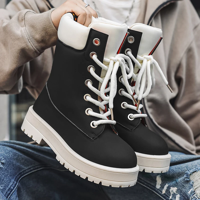 Men's Warm Collar Work Boots Black Non-Slip Wear Resistant White Thick Sole Lace Up Ankle Combat Boots for Hiking Working Daily
Men's Warm Collar Work Boots Black Non-Slip Wear Resistant White Thick Sole Lace Up Ankle Combat Boots for Hiking Working Daily