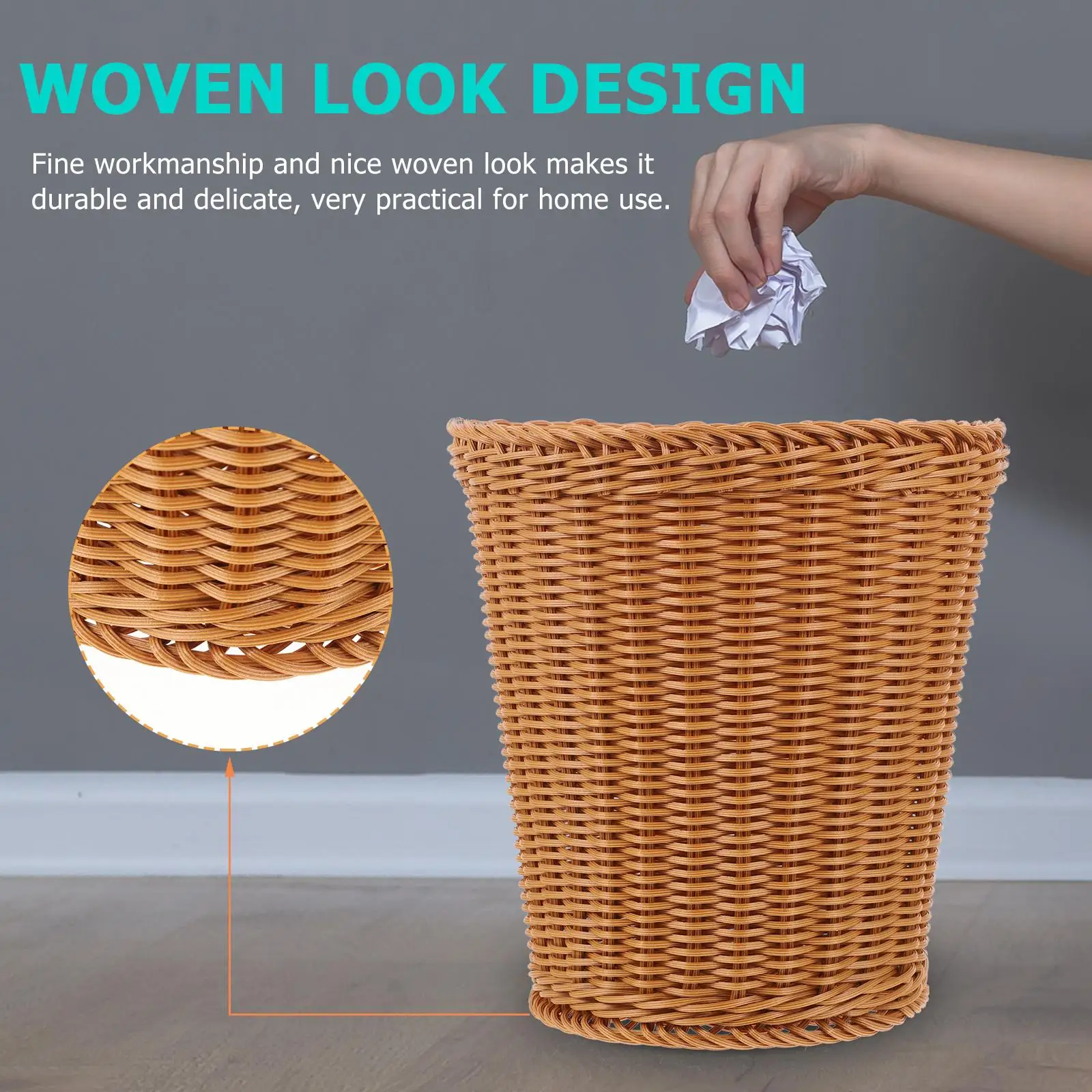 Woven Trash Can Bins Household Storage Wastepaper Basket Plastic Rustic Kitchen Bedroom Office Use Home Decorations
Woven Trash Can Bins Household Storage Wastepaper Basket Plastic Rustic Kitchen Bedroom Office Use Home Decorations